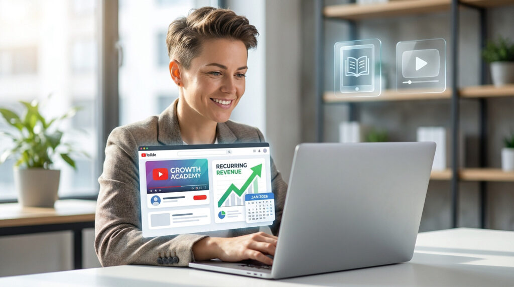 Smiling person views laptop with 'Recurring Revenue' graph, 'Growth Academy' interface, and 2026 calendar. Digital product icons in background.
