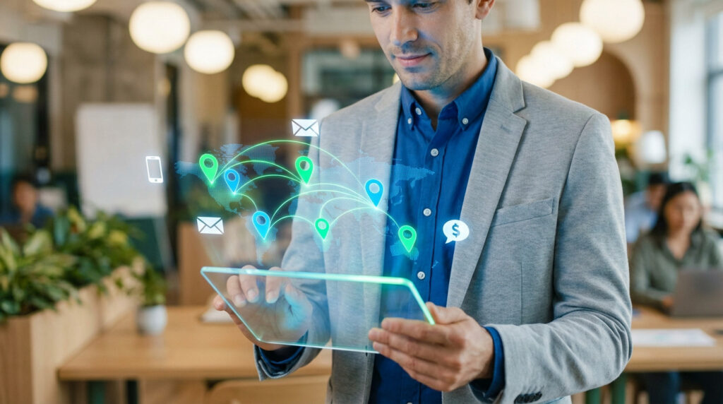 Man viewing a holographic tablet with a glowing world map, interconnected location pins, and lead generation icons in a modern office.