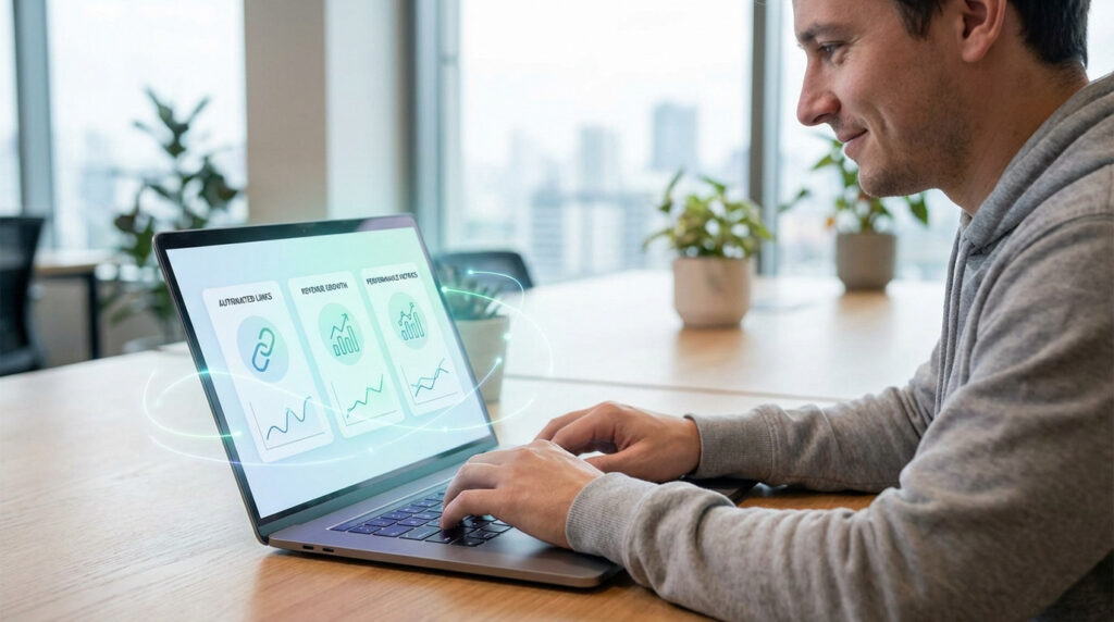 Man interacts with laptop displaying an AI-powered affiliate dashboard. Screen shows 'Automated Links,' 'Revenue Growth,' 'Performance Metrics' with a futuristic glow.