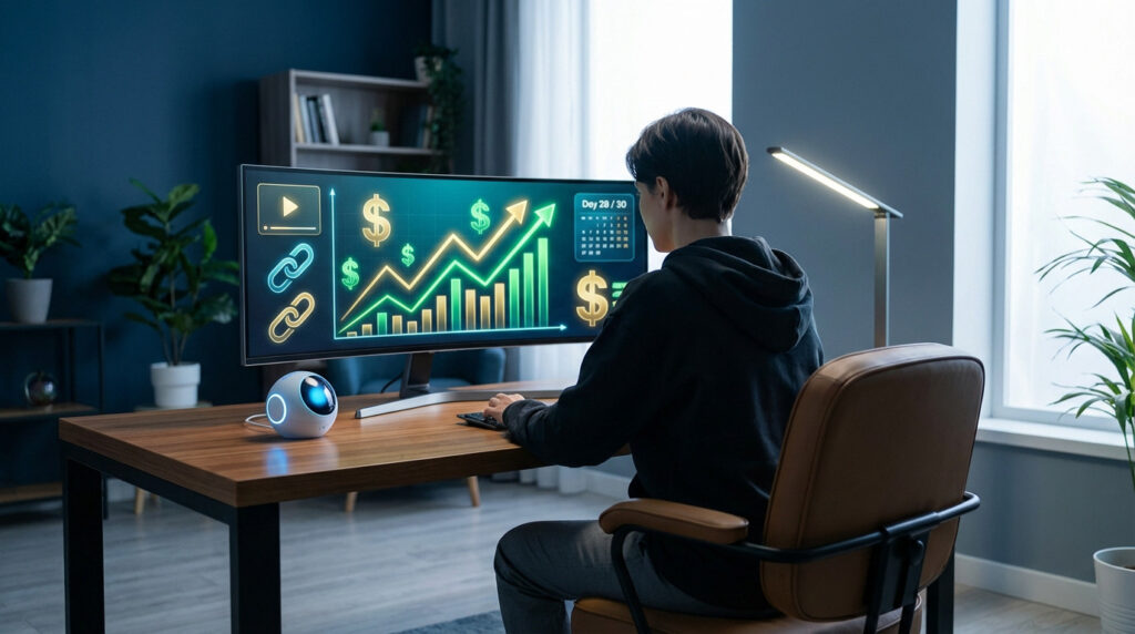 Figure at modern desk, back to viewer, watching ultra-wide monitor with glowing revenue graphs, dollar signs, video/link icons, 'Day 28/30' calendar. AI orb on desk.