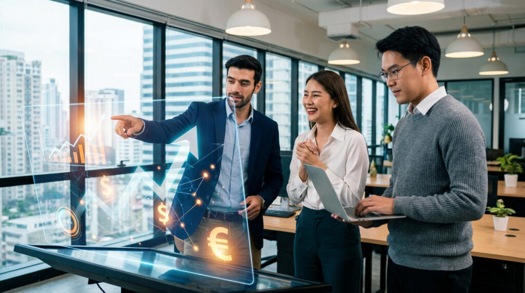 Trois professionnels analysent des données financières holographiques (graphiques, devises) sur un écran interactif, anticipant la croissance des affaires.