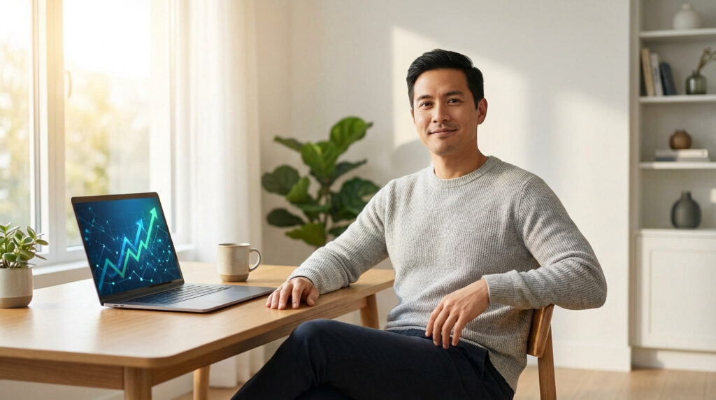 Homme asiatique souriant, assis à son bureau. Un ordinateur portable montre un graphique avec une flèche de croissance verte.