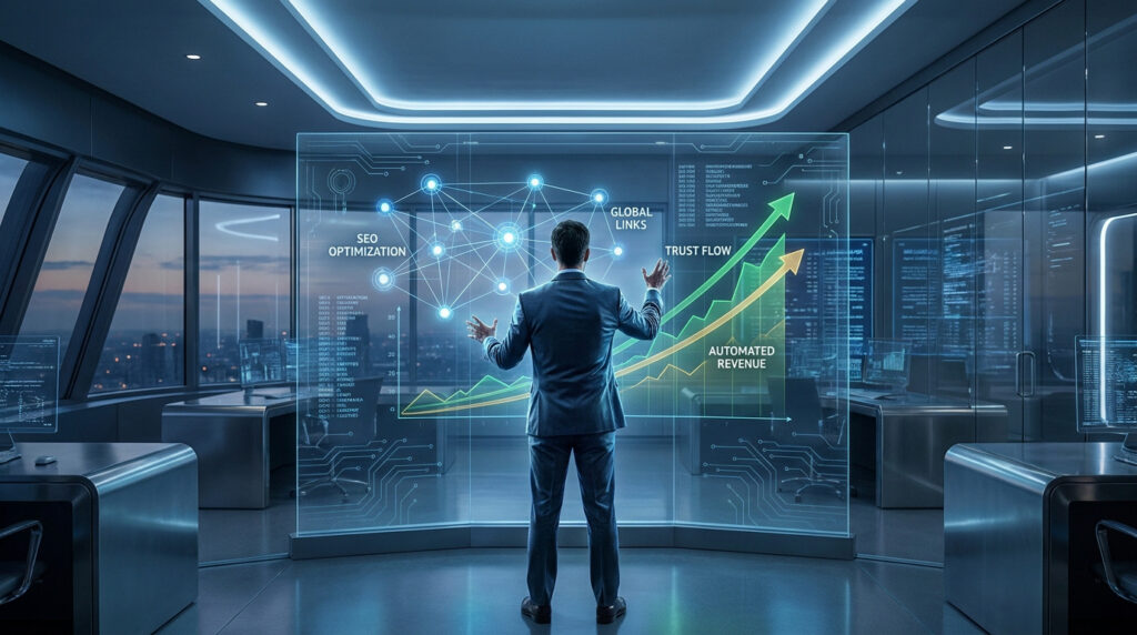 Un homme d'affaires devant un écran holographique affichant des données SEO, des réseaux de liens et des graphiques de croissance.