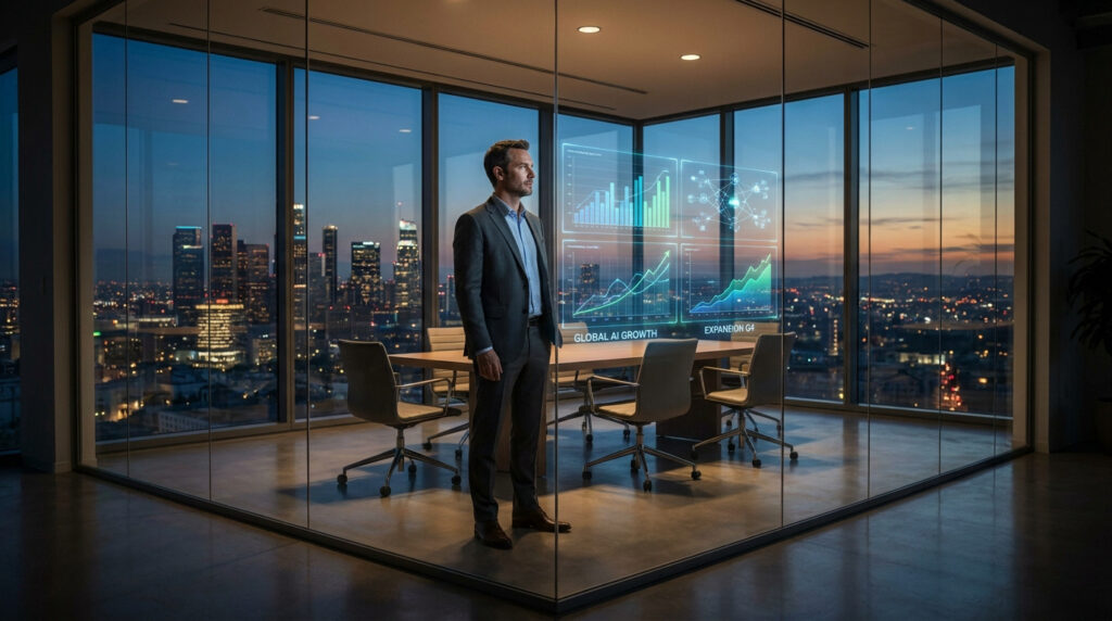 Un homme en costume regarde des graphiques holographiques d'IA dans un bureau vitré avec vue sur une ville la nuit.