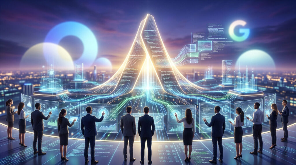 Groupe de professionnels analysant une structure de données numérique en forme de montagne devant un horizon technologique.