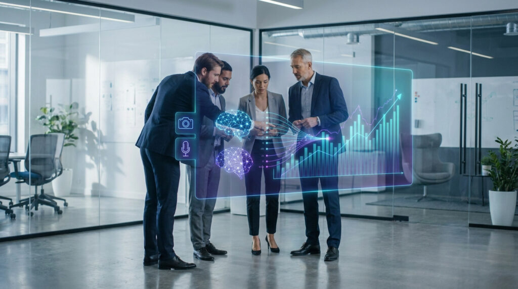 Équipe d'entreprise analysant une interface holographique avec des graphiques et des icônes d'intelligence artificielle.