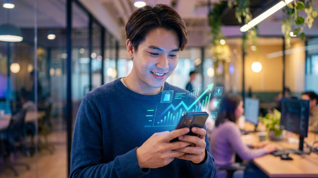 Un jeune entrepreneur souriant consulte des graphiques de ventes sur son smartphone dans un bureau moderne.