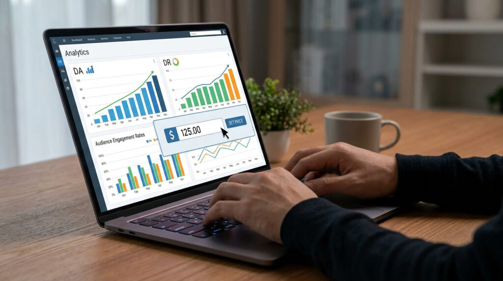 Personne utilisant un ordinateur pour définir le tarif d'un article sponsorisé via un tableau de bord analytique.