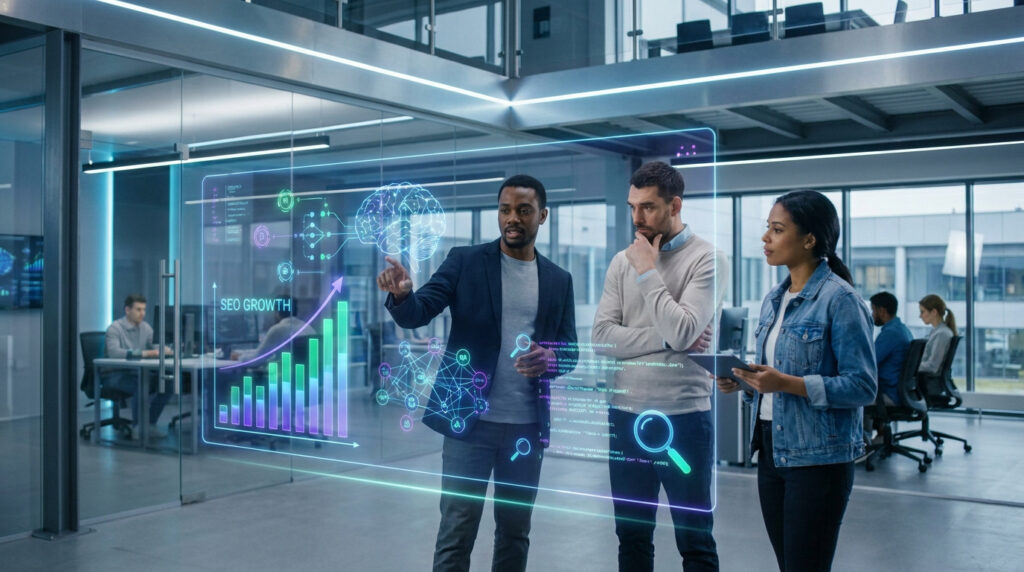 Une équipe de professionnels travaillant sur une interface numérique holographique avec des graphiques de croissance.