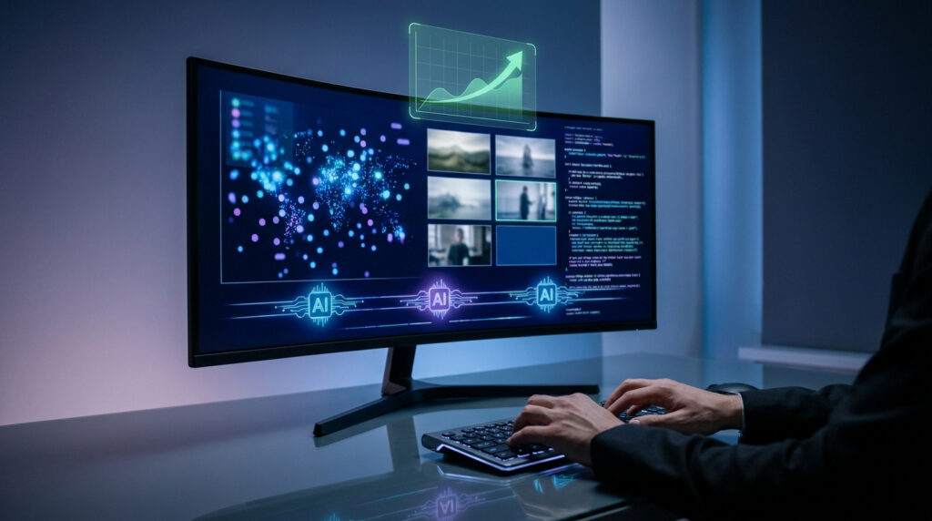 Mains tapant sur un clavier devant un écran affichant des données, des graphiques et des interfaces IA.