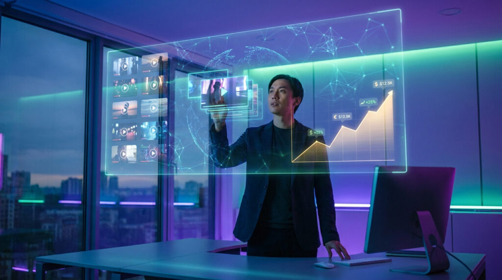 Un homme interagit avec une interface holographique affichant des vidéos YouTube et des courbes de revenus en croissance.