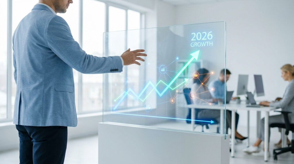 Un homme d'affaires interagissant avec un écran holographique montrant une courbe de croissance financière pour 2026.