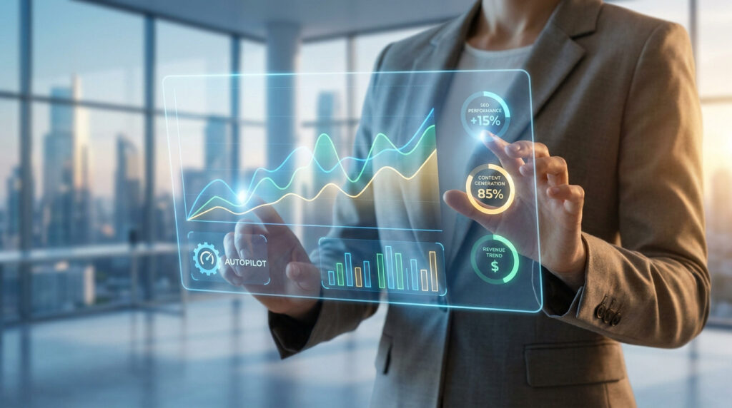 Une personne en costume interagit avec une interface numérique holographique affichant des données SEO et de revenus.