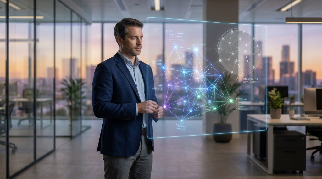 Un homme en costume observe une interface numérique holographique représentant des données complexes dans un bureau.