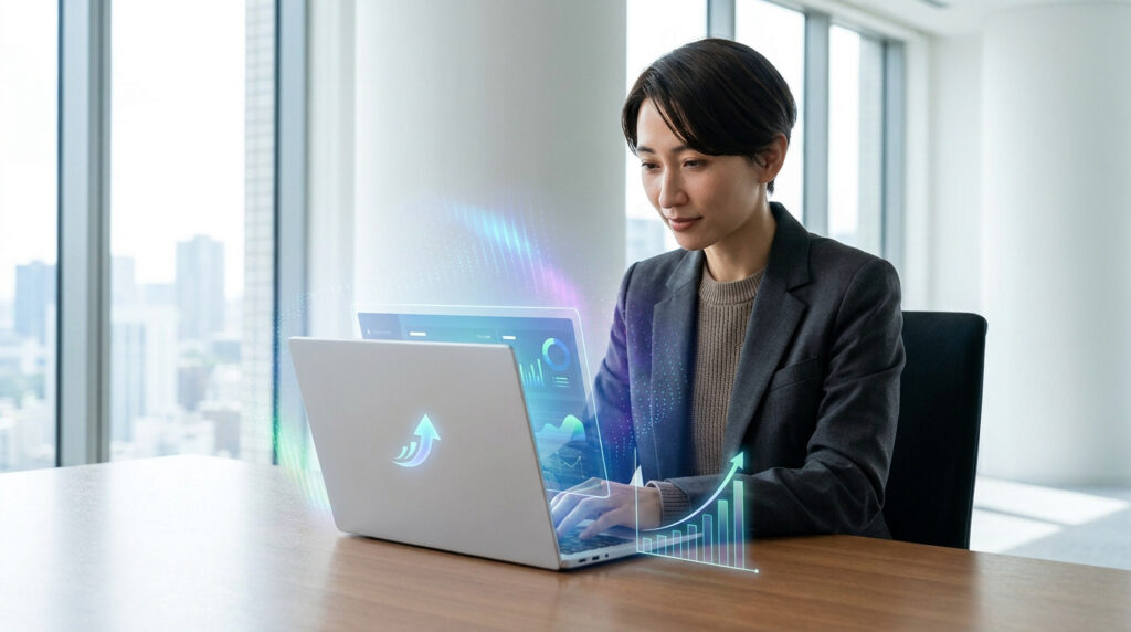 Une femme d'affaires utilise un ordinateur portable avec des graphiques de performance holographiques en arrière-plan.