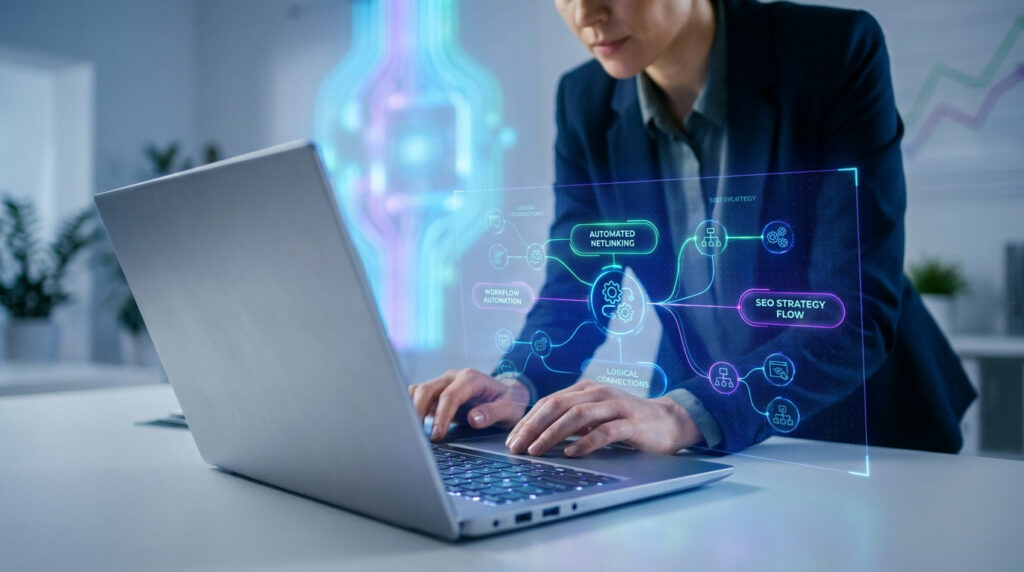 Professionnelle travaillant sur un ordinateur portable avec un hologramme interactif de workflow SEO netlinking.