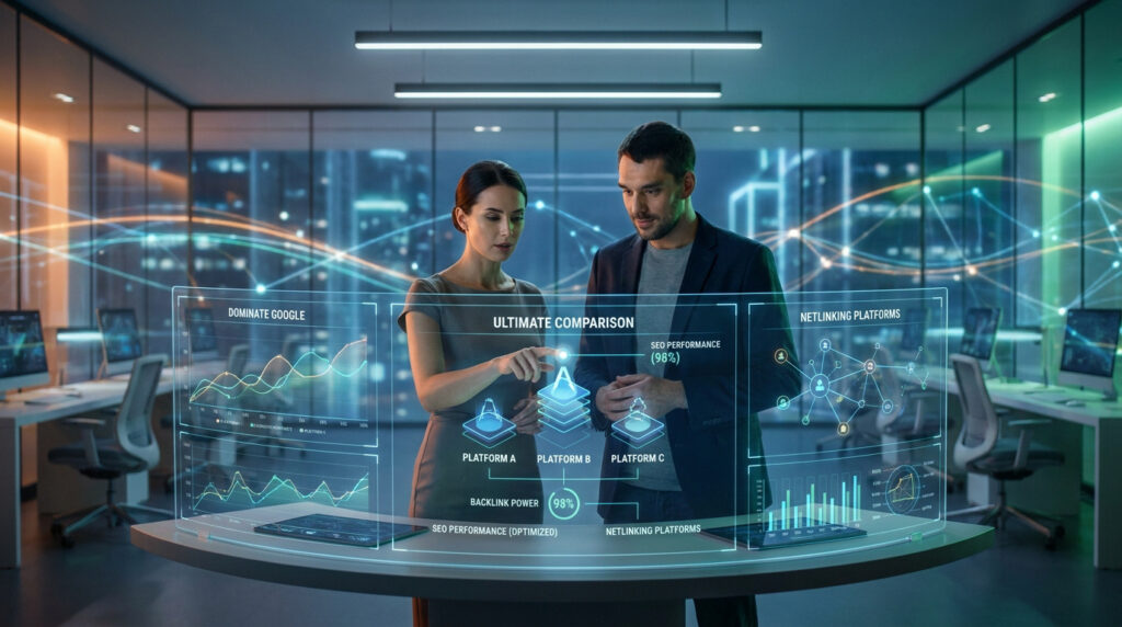 Deux professionnels analysent des données SEO sur un écran holographique futuriste dans un bureau moderne.